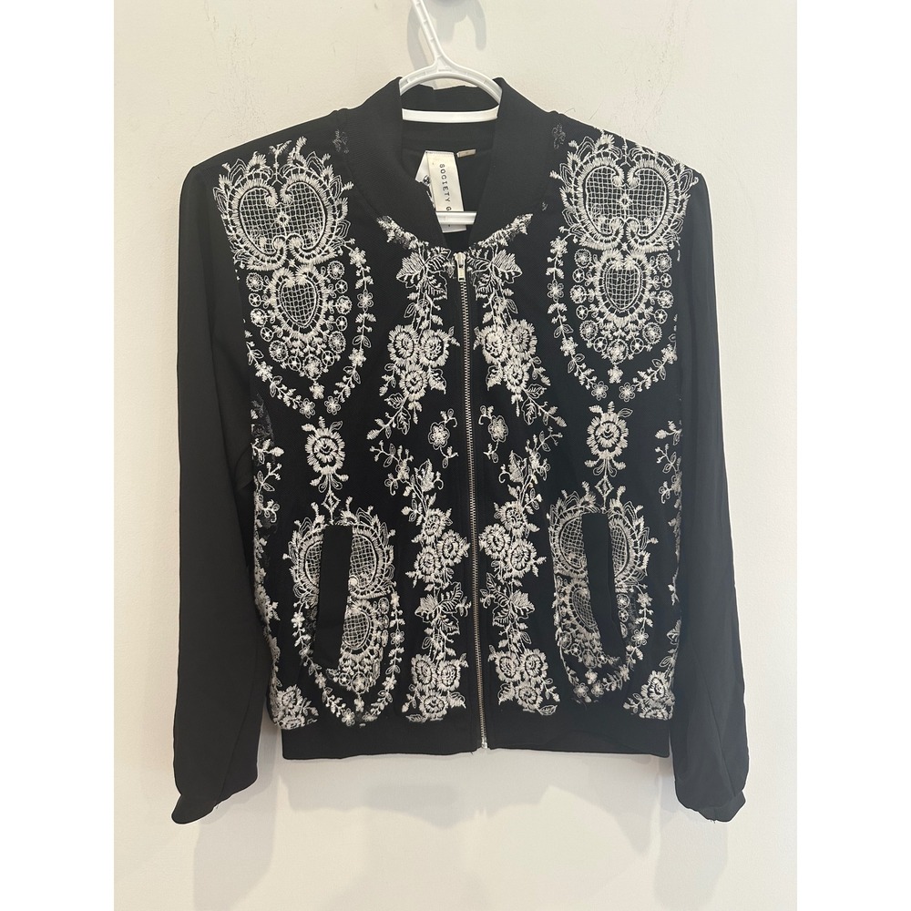 Society Girl Womens Black White Floral Embroidered Mesh Bomber Jacket Small